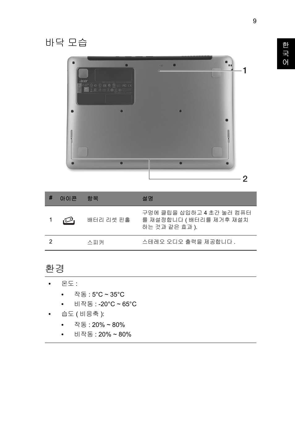 바닥 모습, 바닥 모습 환경 | Acer Aspire S3-391 User Manual | Page 315 / 366