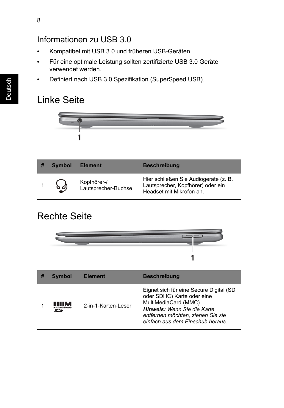 Linke seite, Rechte seite, Linke seite rechte seite | Informationen zu usb 3.0 | Acer Aspire S3-391 User Manual | Page 34 / 366