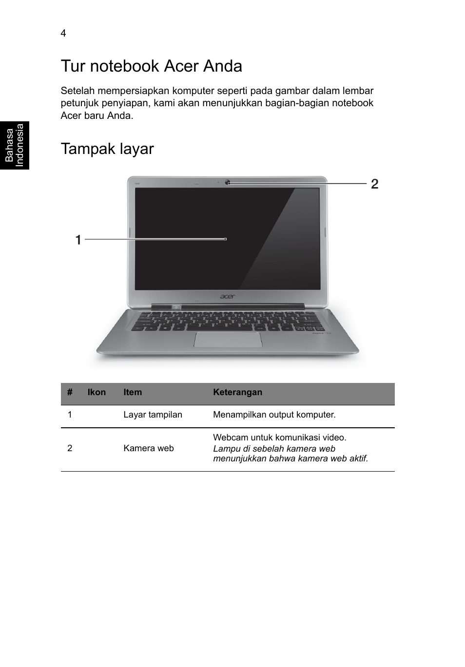 Tur notebook acer anda, Tampak layar | Acer Aspire S3-391 User Manual | Page 346 / 366