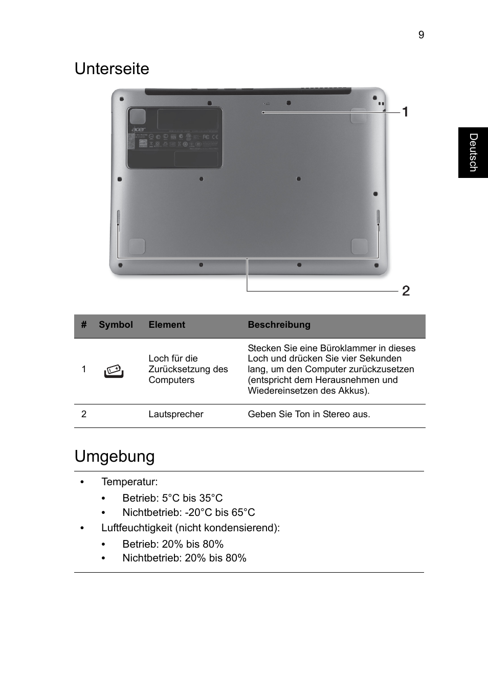 Unterseite, Umgebung, Unterseite umgebung | Acer Aspire S3-391 User Manual | Page 35 / 366