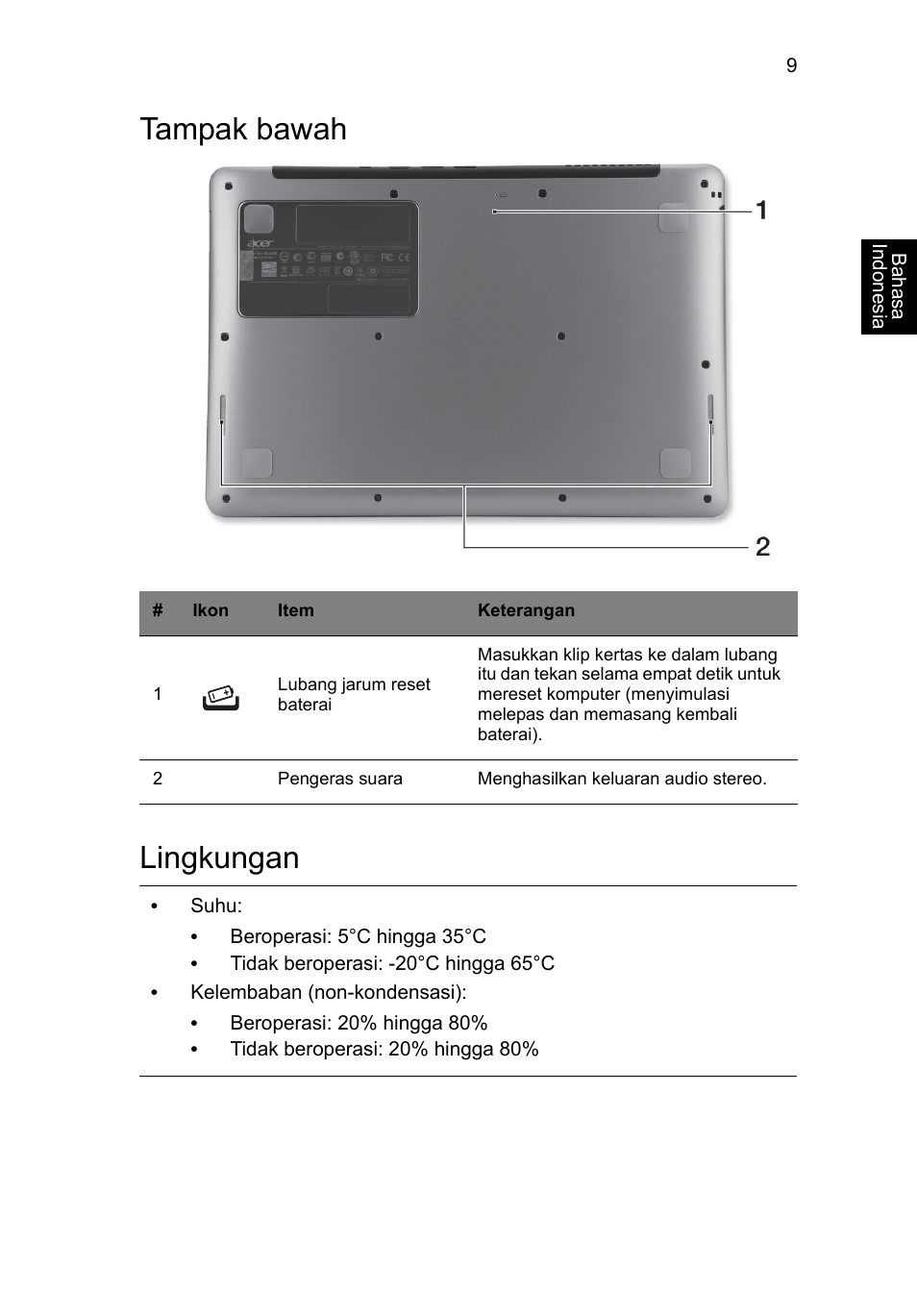 Tampak bawah, Lingkungan, Tampak bawah lingkungan | Acer Aspire S3-391 User Manual | Page 351 / 366