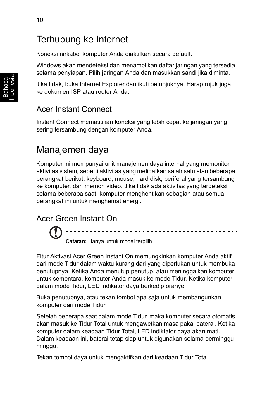 Terhubung ke internet, Manajemen daya, Acer instant connect | Acer green instant on | Acer Aspire S3-391 User Manual | Page 352 / 366