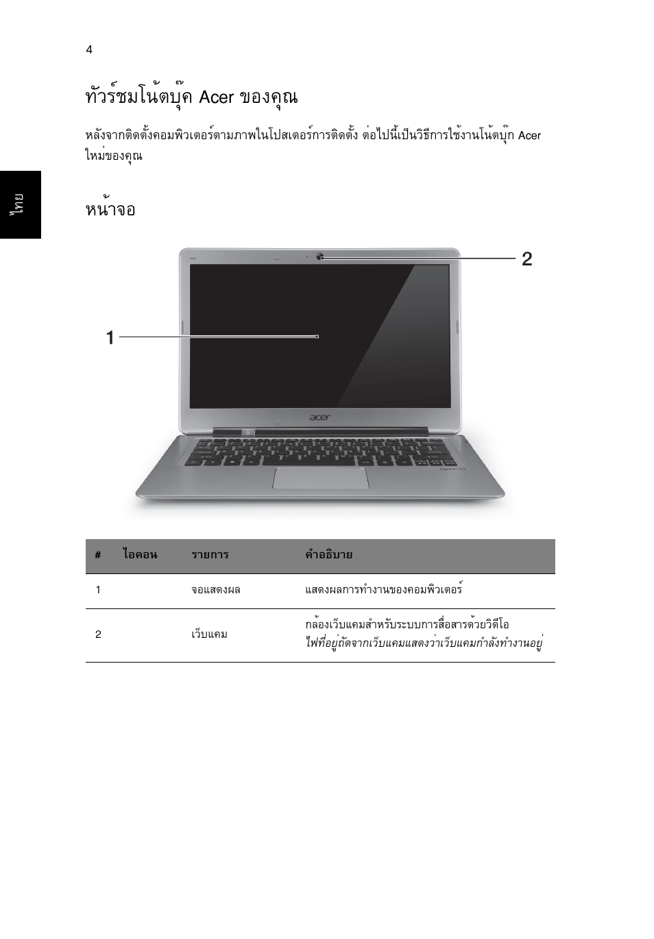 ทัวร์ชมโน้ตบุ๊ค acer ของคุณ, หน้าจอ, Ñçãìªáâ¹éµºøê¤ acer ¢н§¤ш | Л¹йт¨н | Acer Aspire S3-391 User Manual | Page 358 / 366