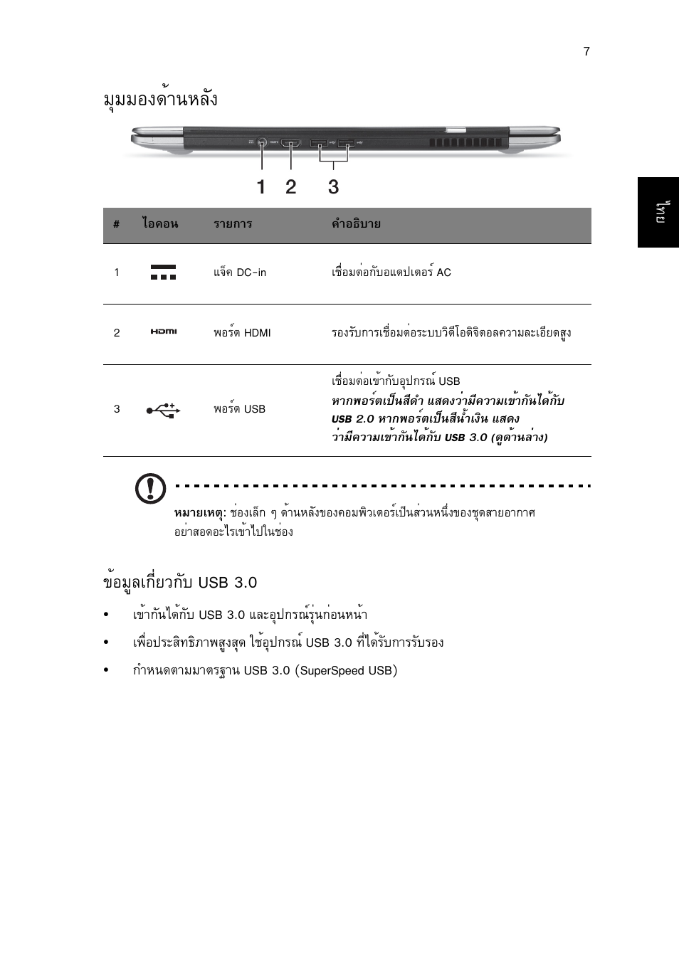 มุมมองด้านหลัง, Бшббн§´йт¹лес, Йнбщеа¡хивз¡сº usb 3.0 | Acer Aspire S3-391 User Manual | Page 361 / 366