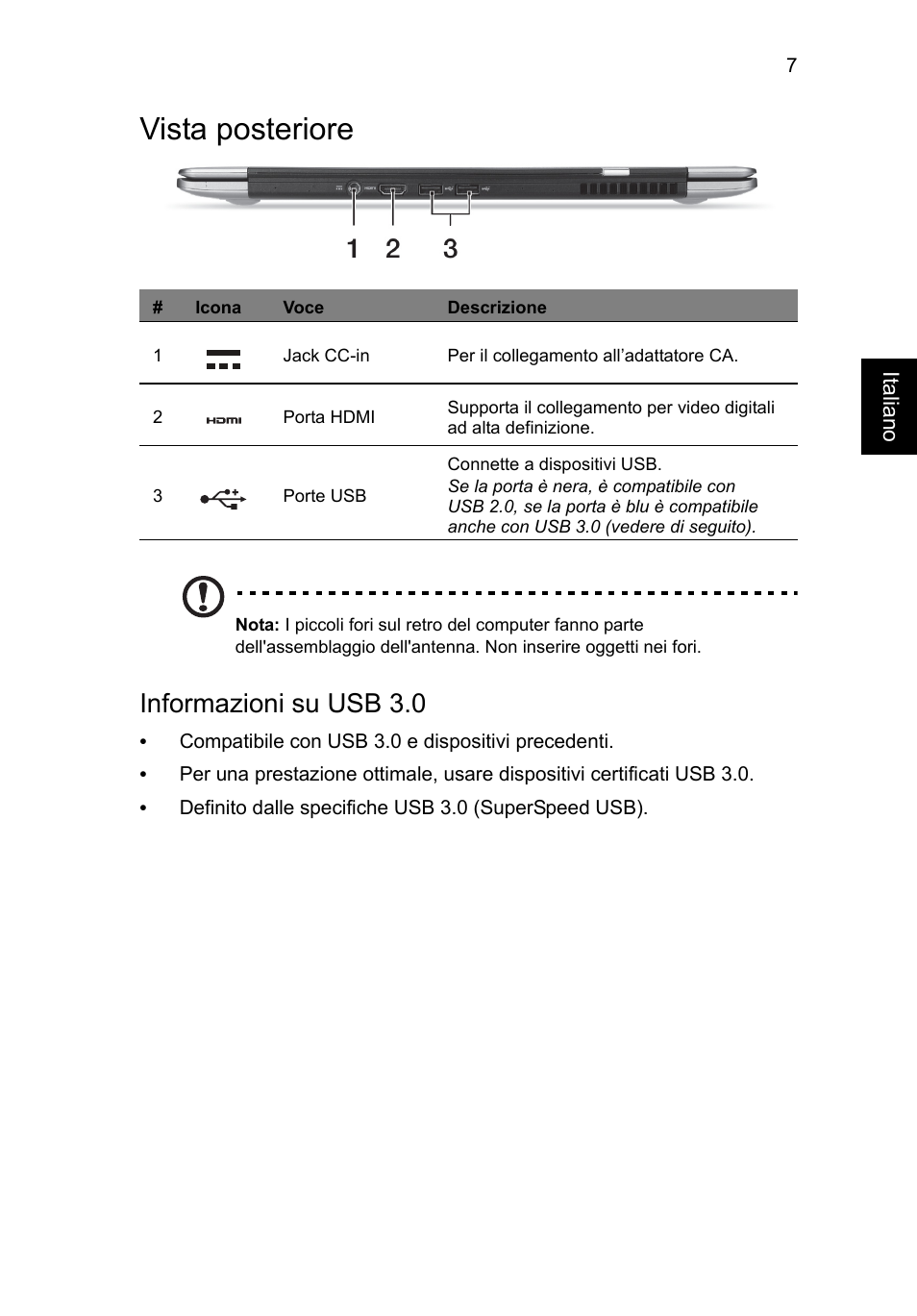 Vista posteriore, Informazioni su usb 3.0 | Acer Aspire S3-391 User Manual | Page 45 / 366