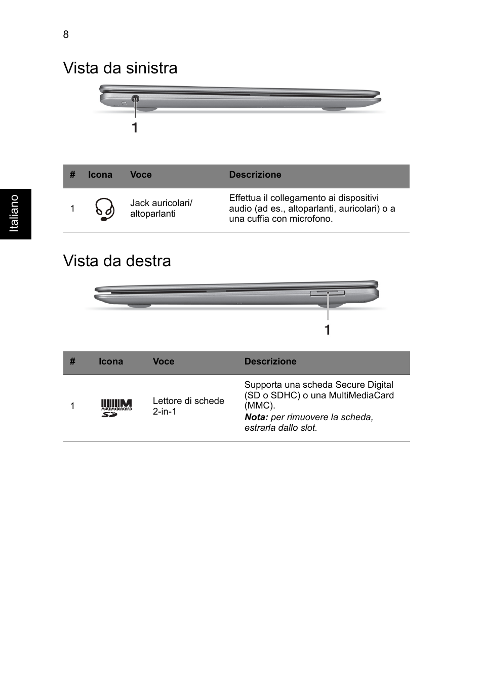 Vista da sinistra, Vista da destra, Vista da sinistra vista da destra | Acer Aspire S3-391 User Manual | Page 46 / 366