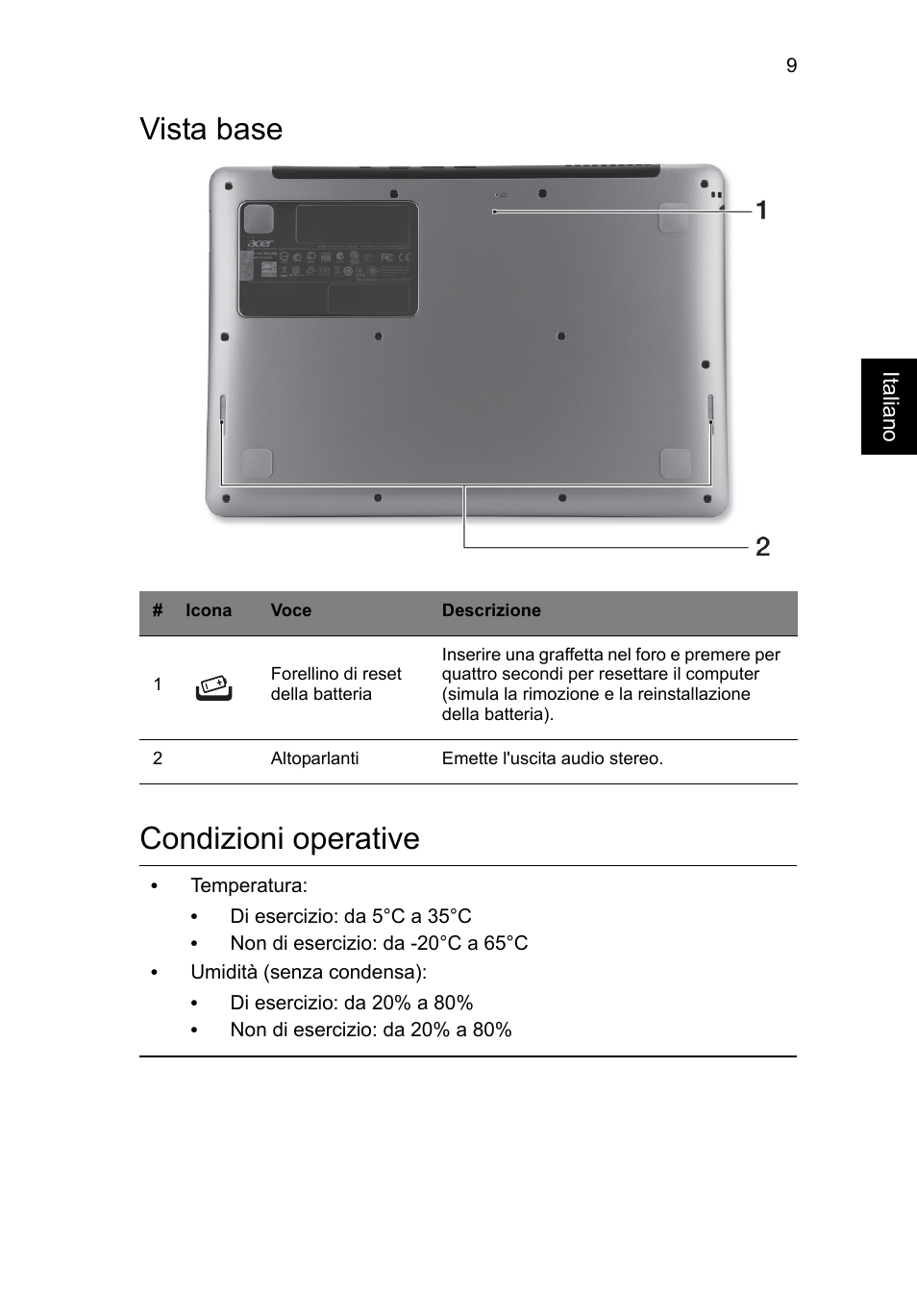 Vista base, Condizioni operative, Vista base condizioni operative | Acer Aspire S3-391 User Manual | Page 47 / 366
