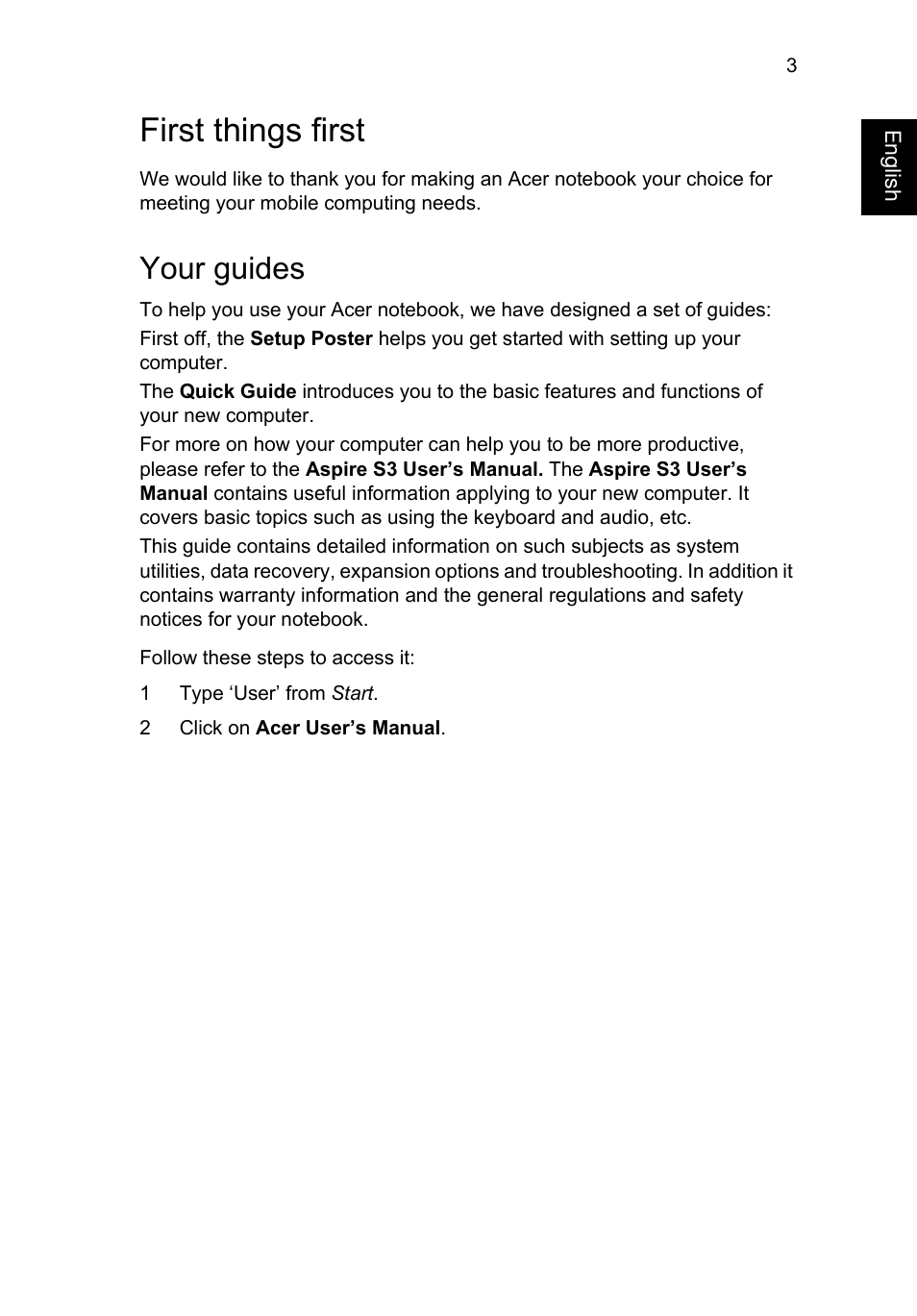 First things first, Your guides | Acer Aspire S3-391 User Manual | Page 5 / 366