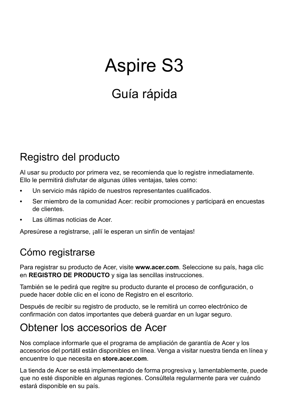 Español, Registro del producto, Cómo registrarse | Obtener los accesorios de acer, Aspire s3, Guía rápida | Acer Aspire S3-391 User Manual | Page 51 / 366