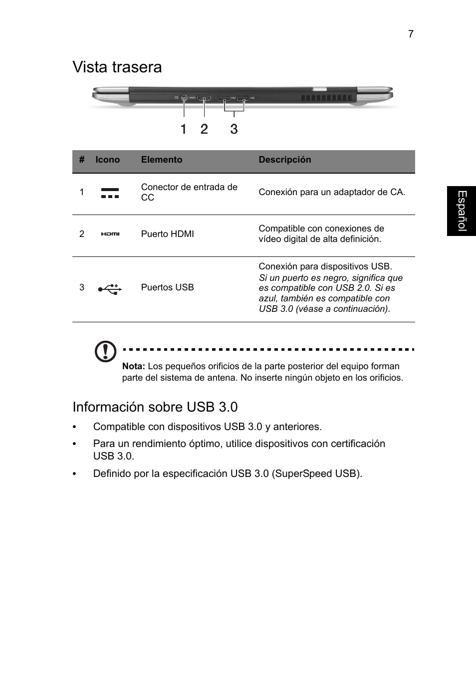 Vista trasera, Información sobre usb 3.0 | Acer Aspire S3-391 User Manual | Page 57 / 366
