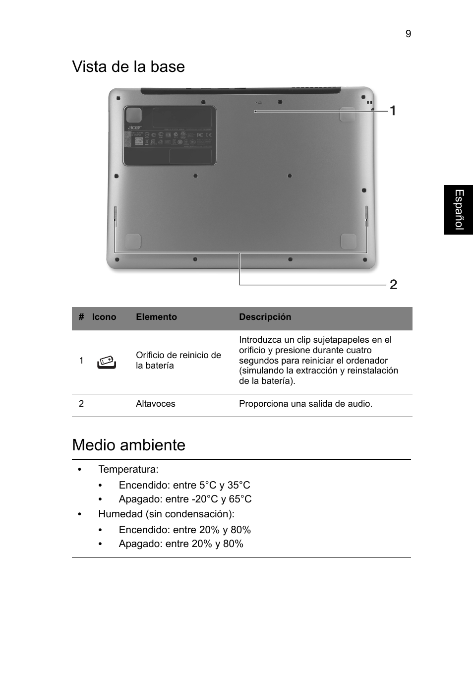 Vista de la base, Medio ambiente, Vista de la base medio ambiente | Acer Aspire S3-391 User Manual | Page 59 / 366
