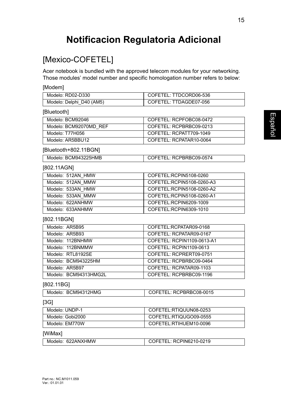 Notificacion regulatoria adicional, Mexico-cofetel, Esp añol | Acer Aspire S3-391 User Manual | Page 65 / 366