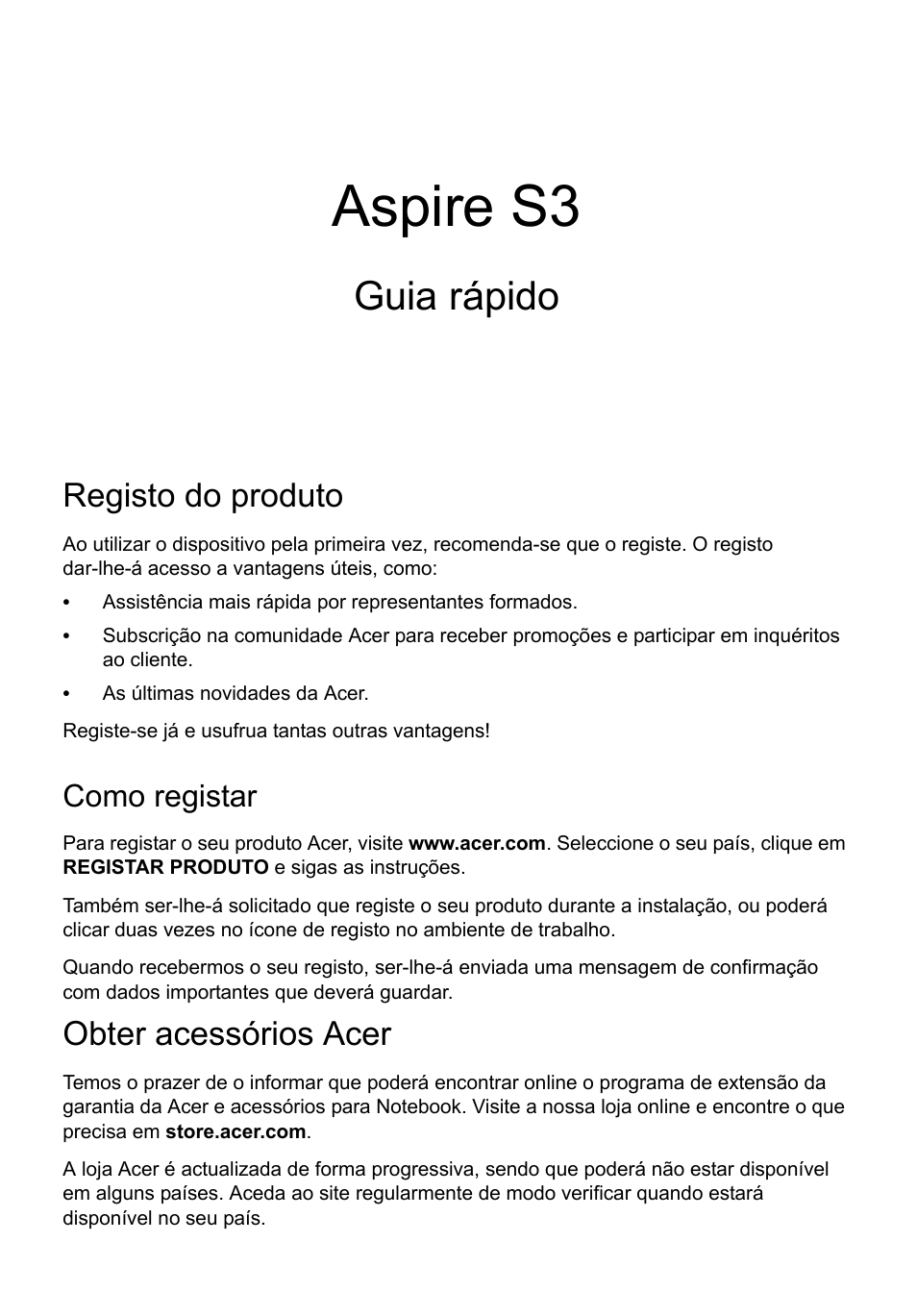 Português, Registo do produto, Como registar | Obter acessórios acer, Aspire s3, Guia rápido | Acer Aspire S3-391 User Manual | Page 67 / 366