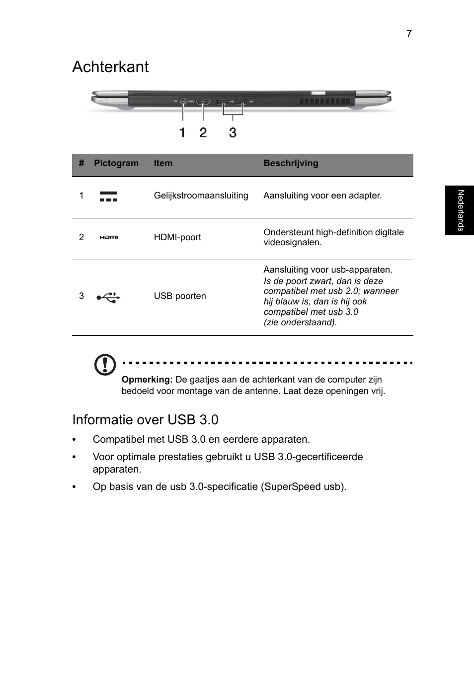 Achterkant, Informatie over usb 3.0 | Acer Aspire S3-391 User Manual | Page 85 / 366