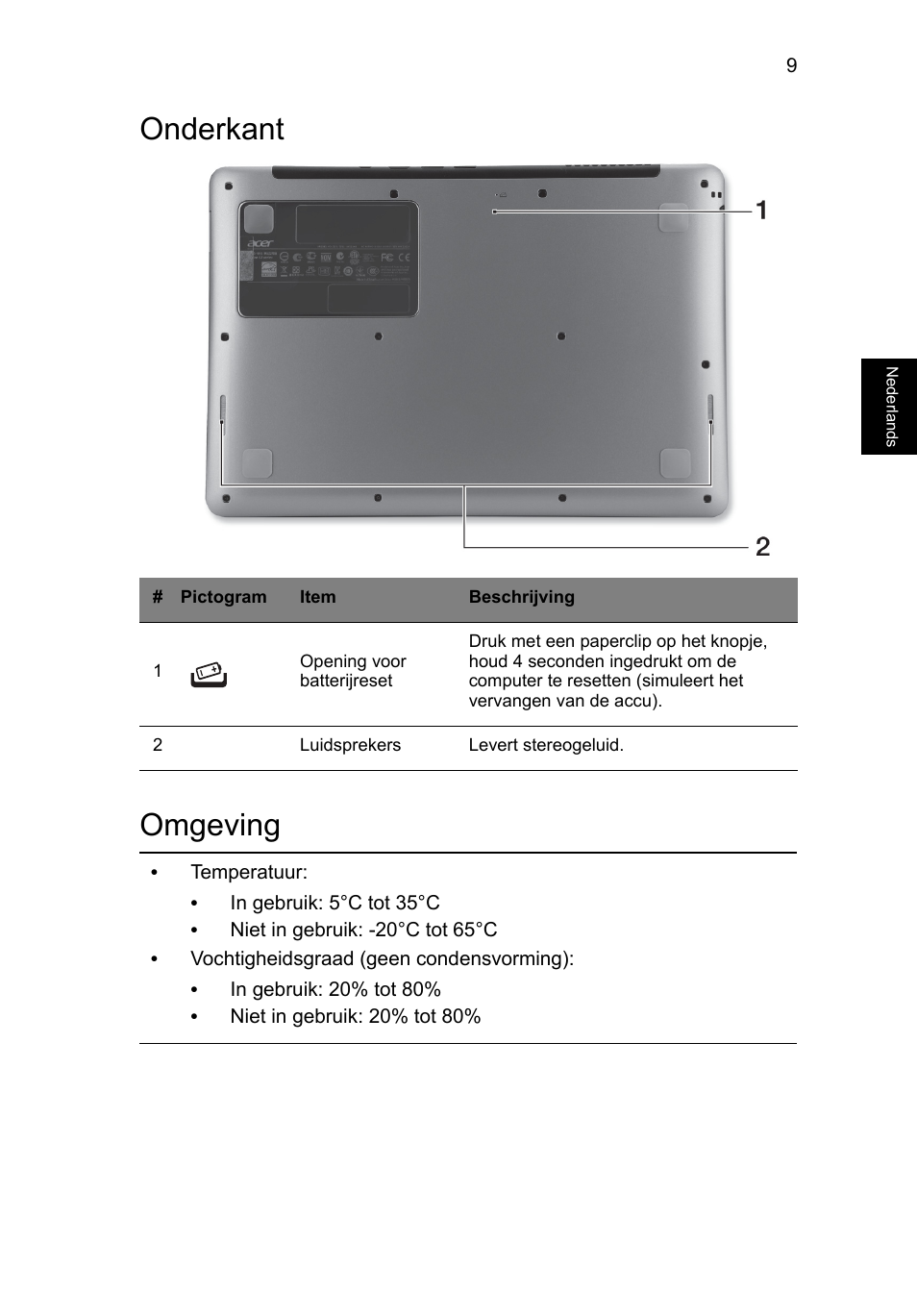 Onderkant, Omgeving, Onderkant omgeving | Acer Aspire S3-391 User Manual | Page 87 / 366