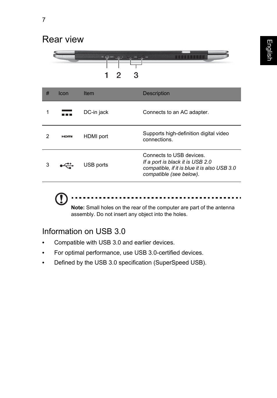 Rear view, Information on usb 3.0 | Acer Aspire S3-391 User Manual | Page 9 / 366
