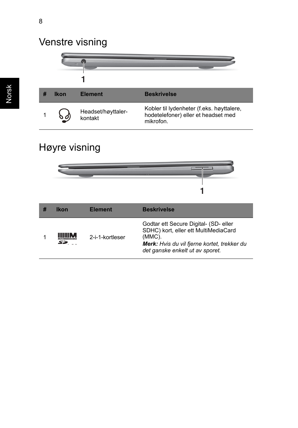 Venstre visning, Høyre visning, Venstre visning høyre visning | Acer Aspire S3-391 User Manual | Page 98 / 366