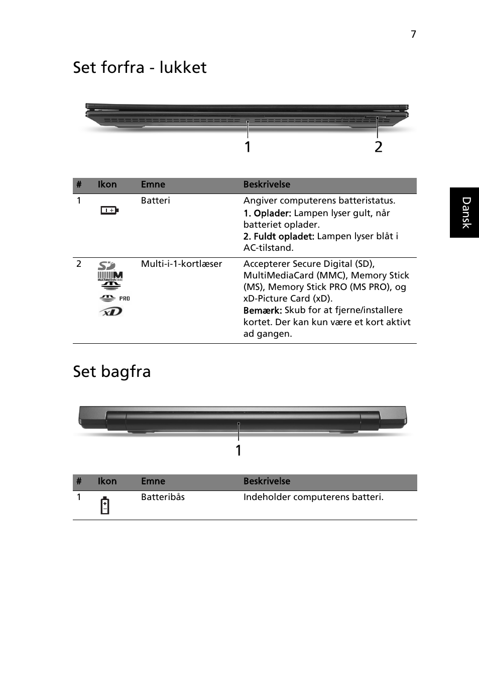 Set forfra - lukket, Set bagfra, Set forfra - lukket set bagfra | Acer TravelMate 8571G User Manual | Page 107 / 340