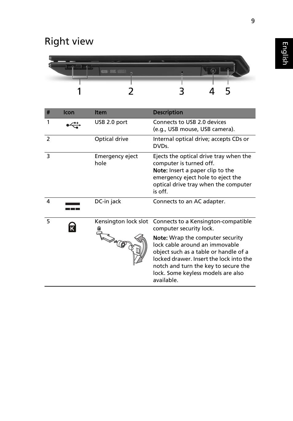 Right view | Acer TravelMate 8571G User Manual | Page 11 / 340