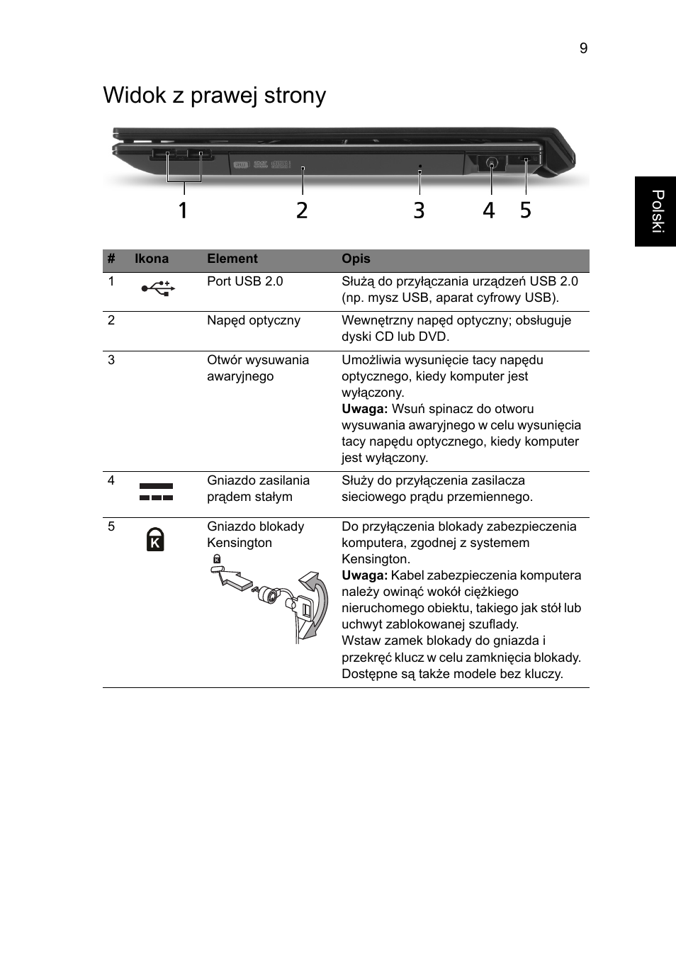 Widok z prawej strony | Acer TravelMate 8571G User Manual | Page 157 / 340