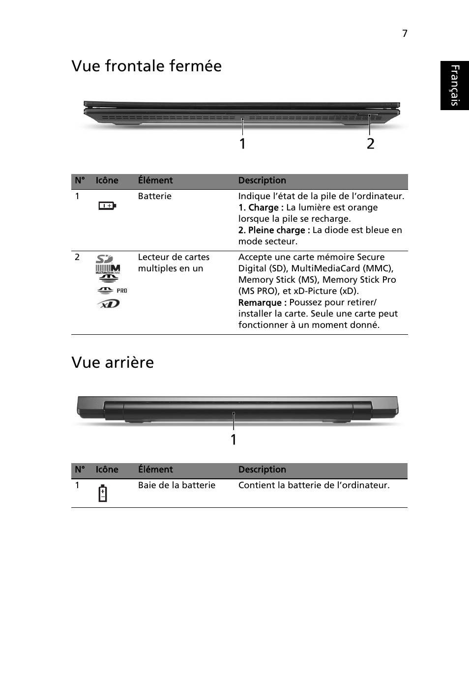 Vue frontale fermée, Vue arrière, Vue frontale fermée vue arrière | Français | Acer TravelMate 8571G User Manual | Page 21 / 340