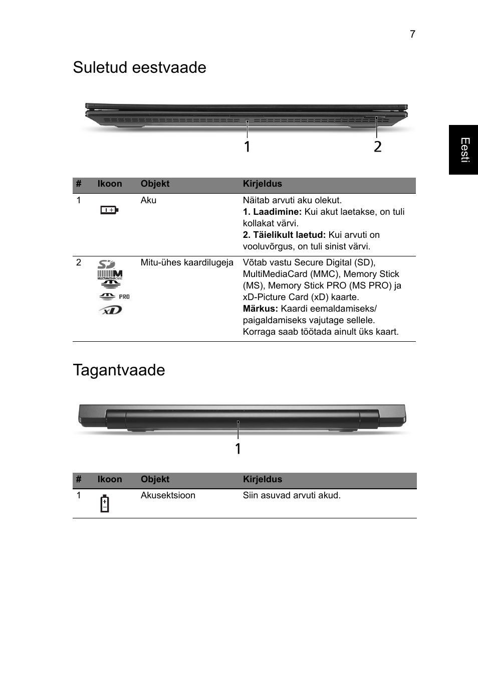 Suletud eestvaade, Tagantvaade, Suletud eestvaade tagantvaade | Acer TravelMate 8571G User Manual | Page 251 / 340