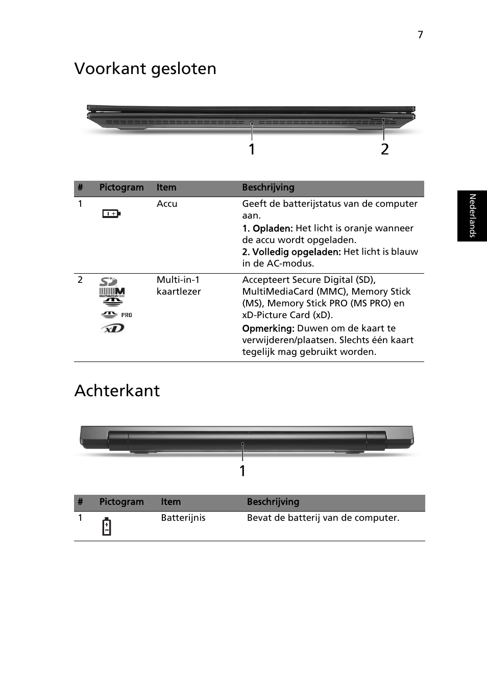 Voorkant gesloten, Achterkant, Voorkant gesloten achterkant | Acer TravelMate 8571G User Manual | Page 83 / 340