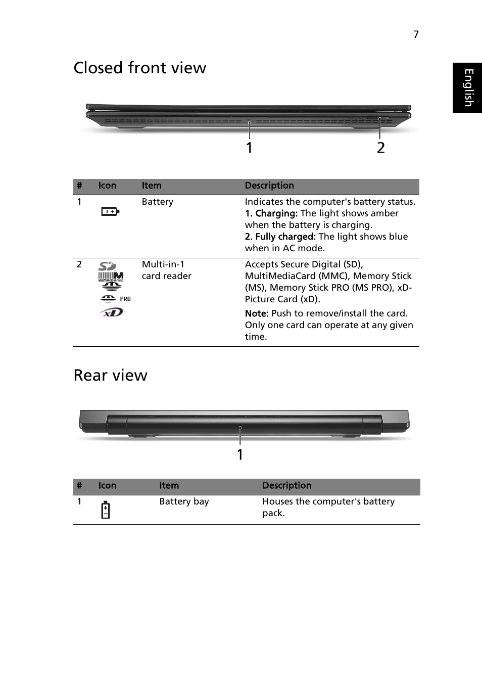 Closed front view, Rear view, Closed front view rear view | Acer TravelMate 8571G User Manual | Page 9 / 340