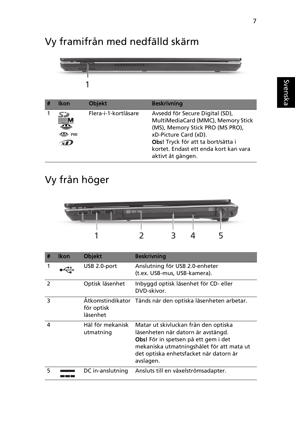 Vy framifrån med nedfälld skärm, Vy från höger, Vy framifrån med nedfälld skärm vy från höger | Acer Aspire 4625G User Manual | Page 113 / 336