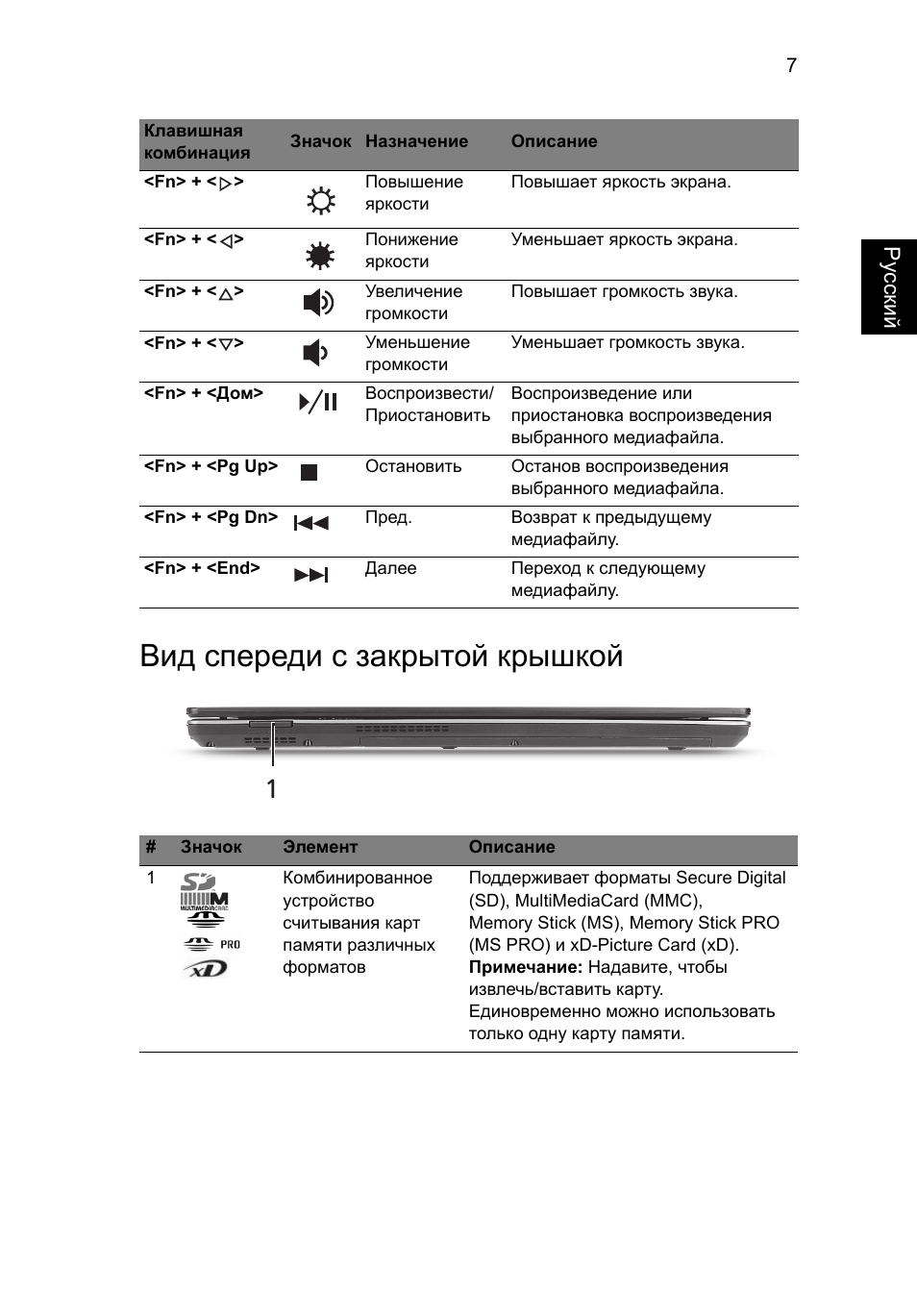Вид спереди с закрытой крышкой | Acer Aspire 4625G User Manual | Page 133 / 336