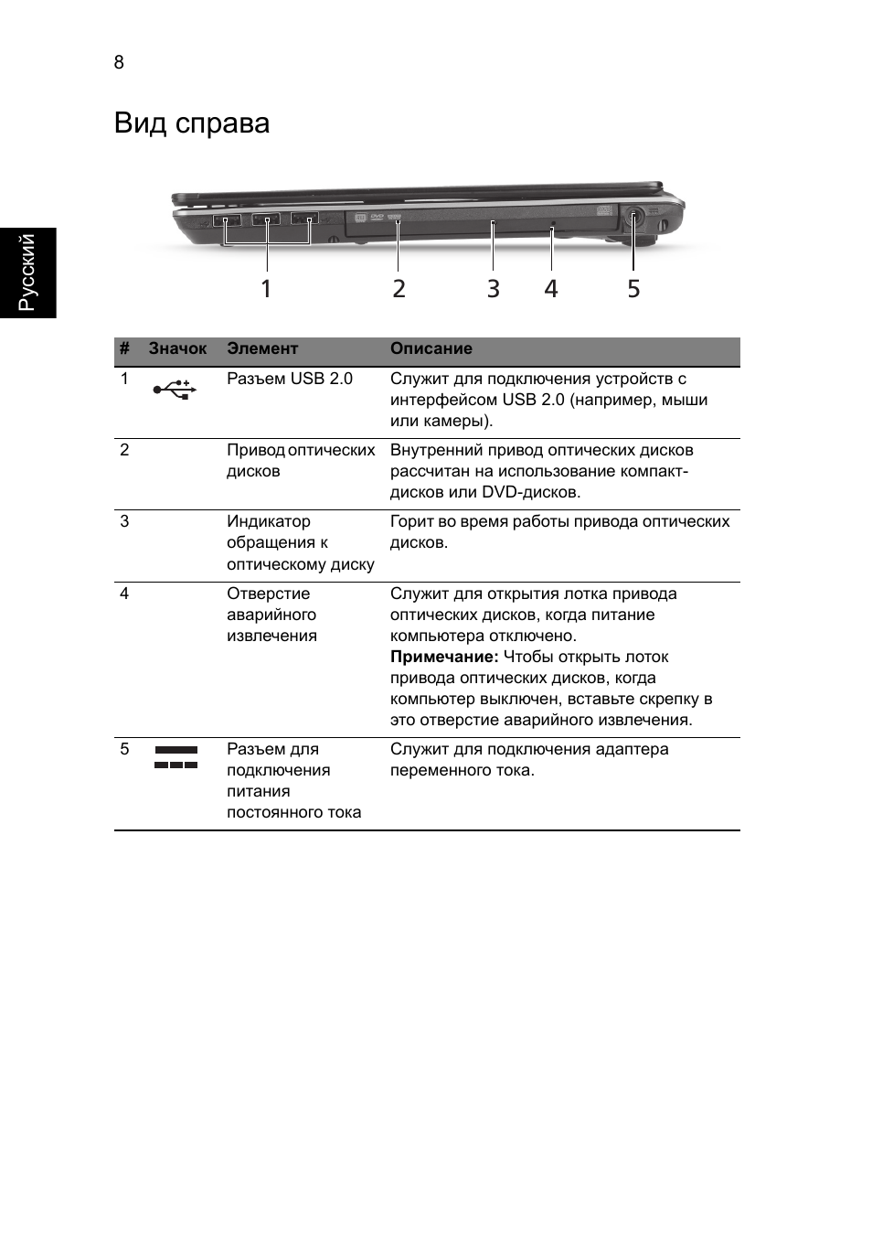 Вид справа | Acer Aspire 4625G User Manual | Page 134 / 336