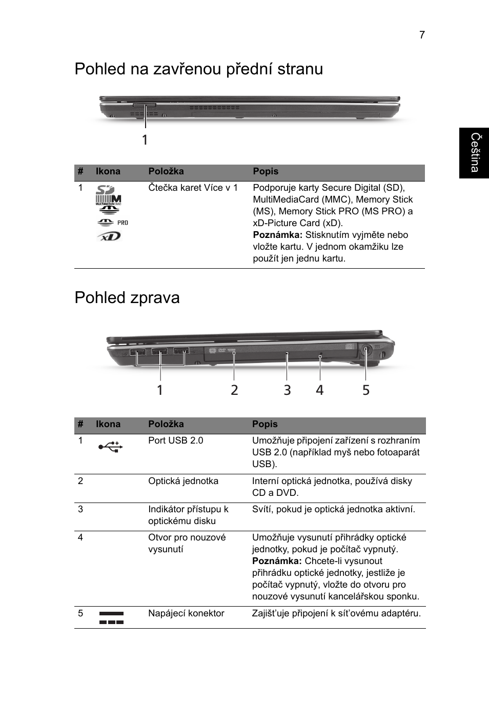 Pohled na zavřenou přední stranu, Pohled zprava, Pohled na zavřenou přední stranu pohled zprava | Acer Aspire 4625G User Manual | Page 167 / 336