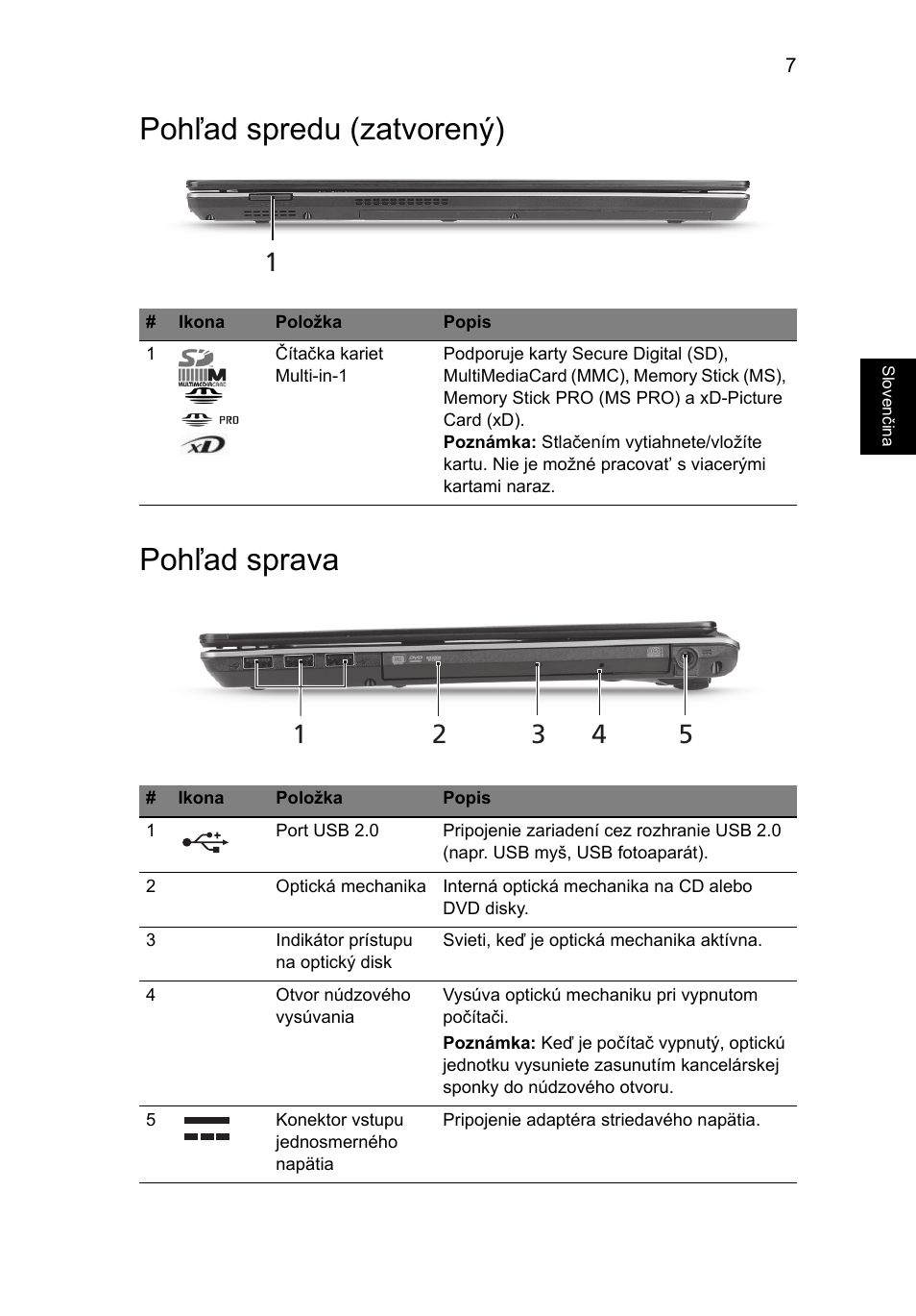 Pohľad spredu (zatvorený), Pohľad sprava, Pohľad spredu (zatvorený) pohľad sprava | Acer Aspire 4625G User Manual | Page 177 / 336