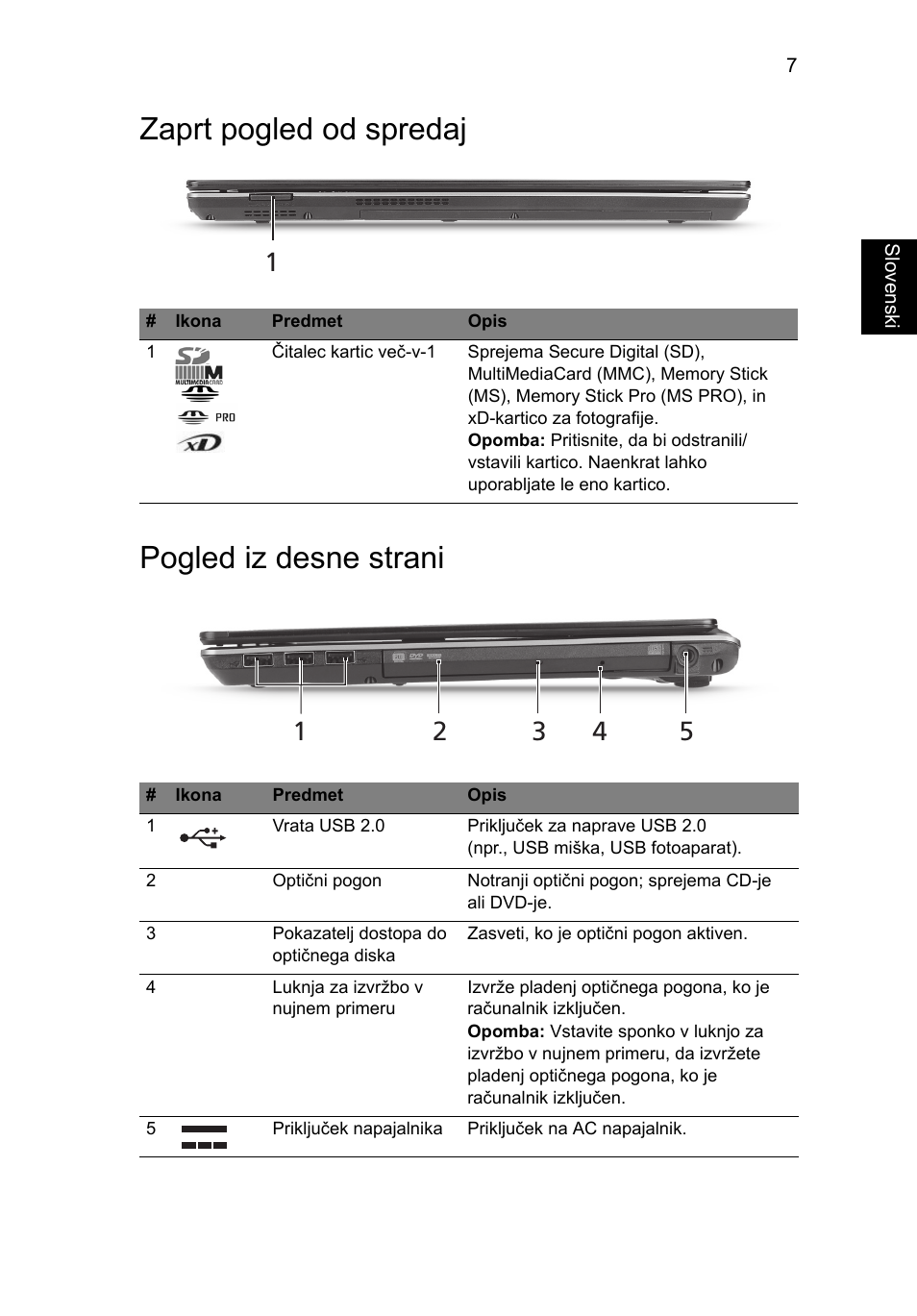 Zaprt pogled od spredaj, Pogled iz desne strani, Zaprt pogled od spredaj pogled iz desne strani | Acer Aspire 4625G User Manual | Page 187 / 336