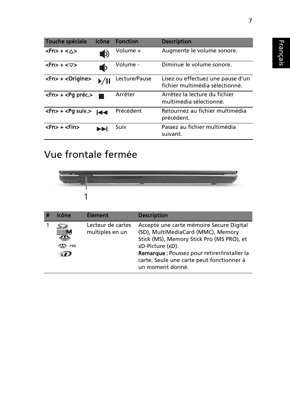 Vue frontale fermée, Français | Acer Aspire 4625G User Manual | Page 19 / 336