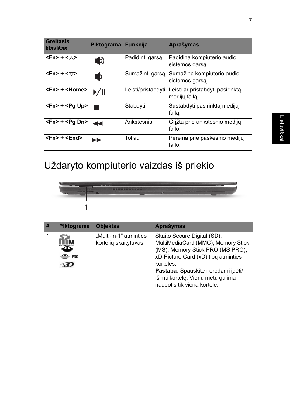 Uždaryto kompiuterio vaizdas iš priekio | Acer Aspire 4625G User Manual | Page 249 / 336