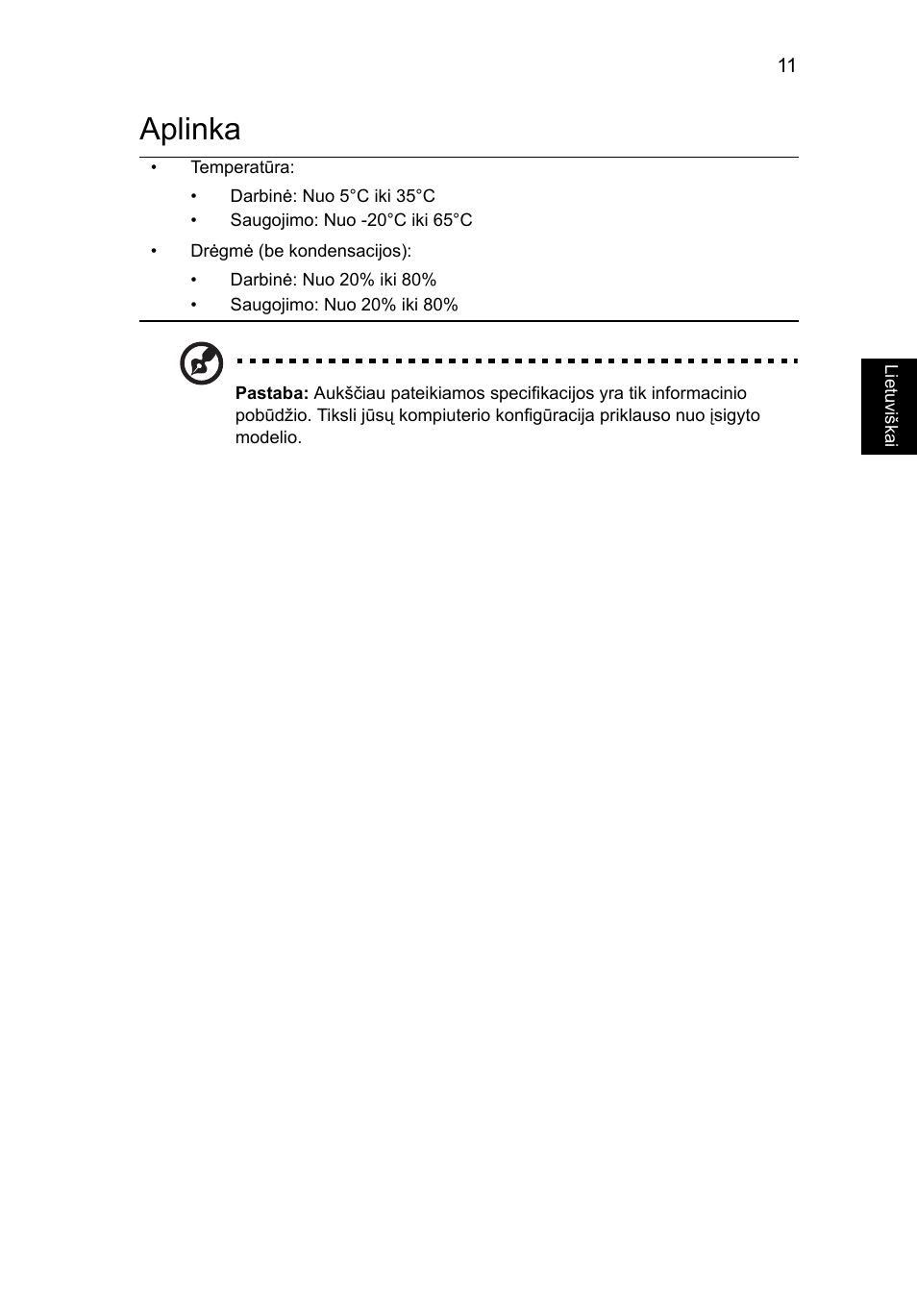 Aplinka | Acer Aspire 4625G User Manual | Page 253 / 336
