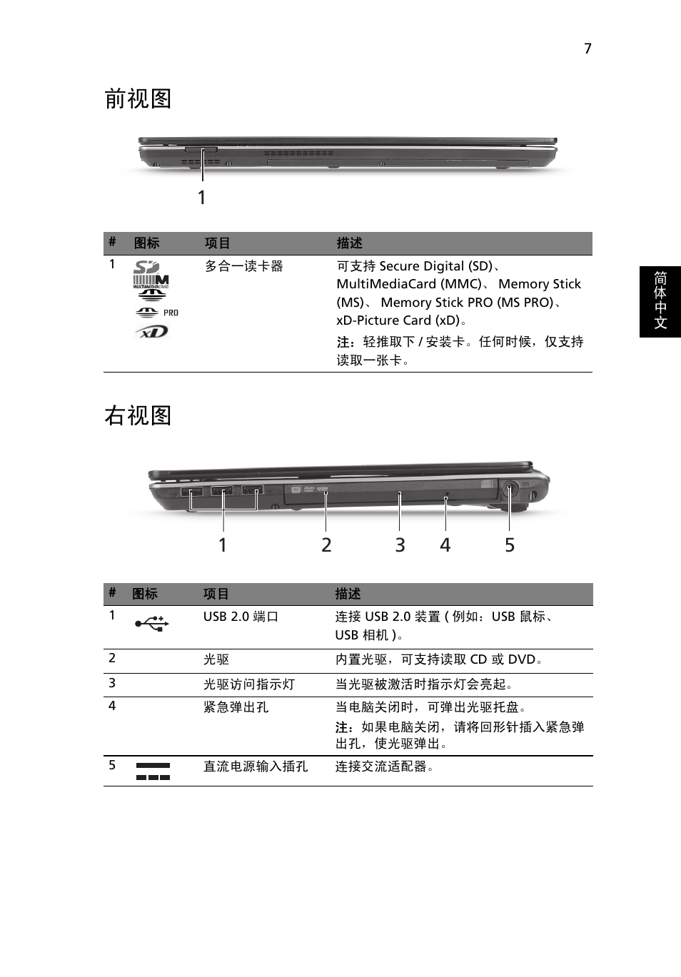 前视图 右视图 | Acer Aspire 4625G User Manual | Page 313 / 336