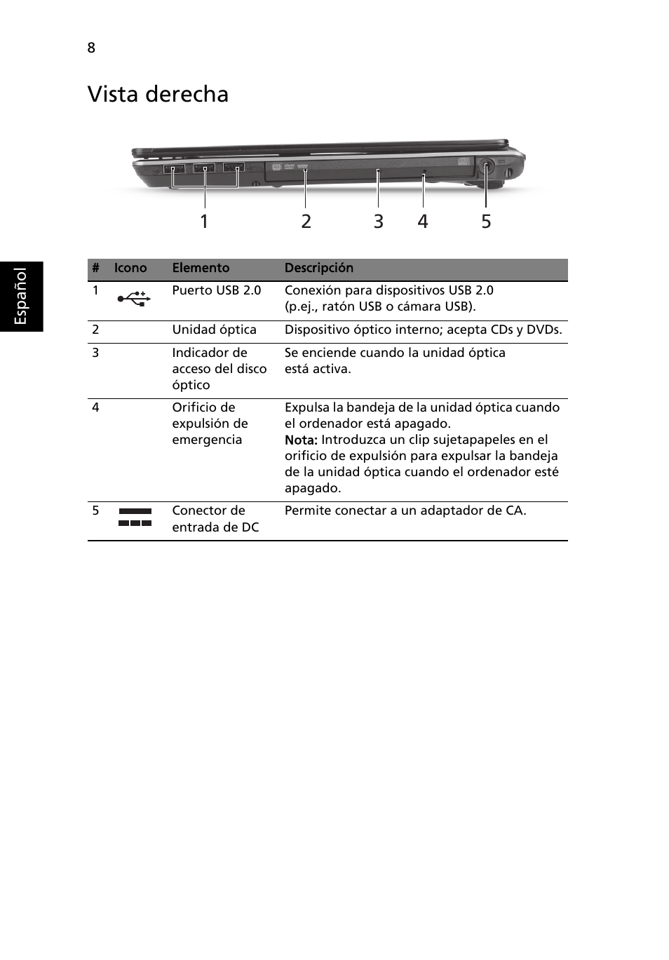 Vista derecha | Acer Aspire 4625G User Manual | Page 56 / 336