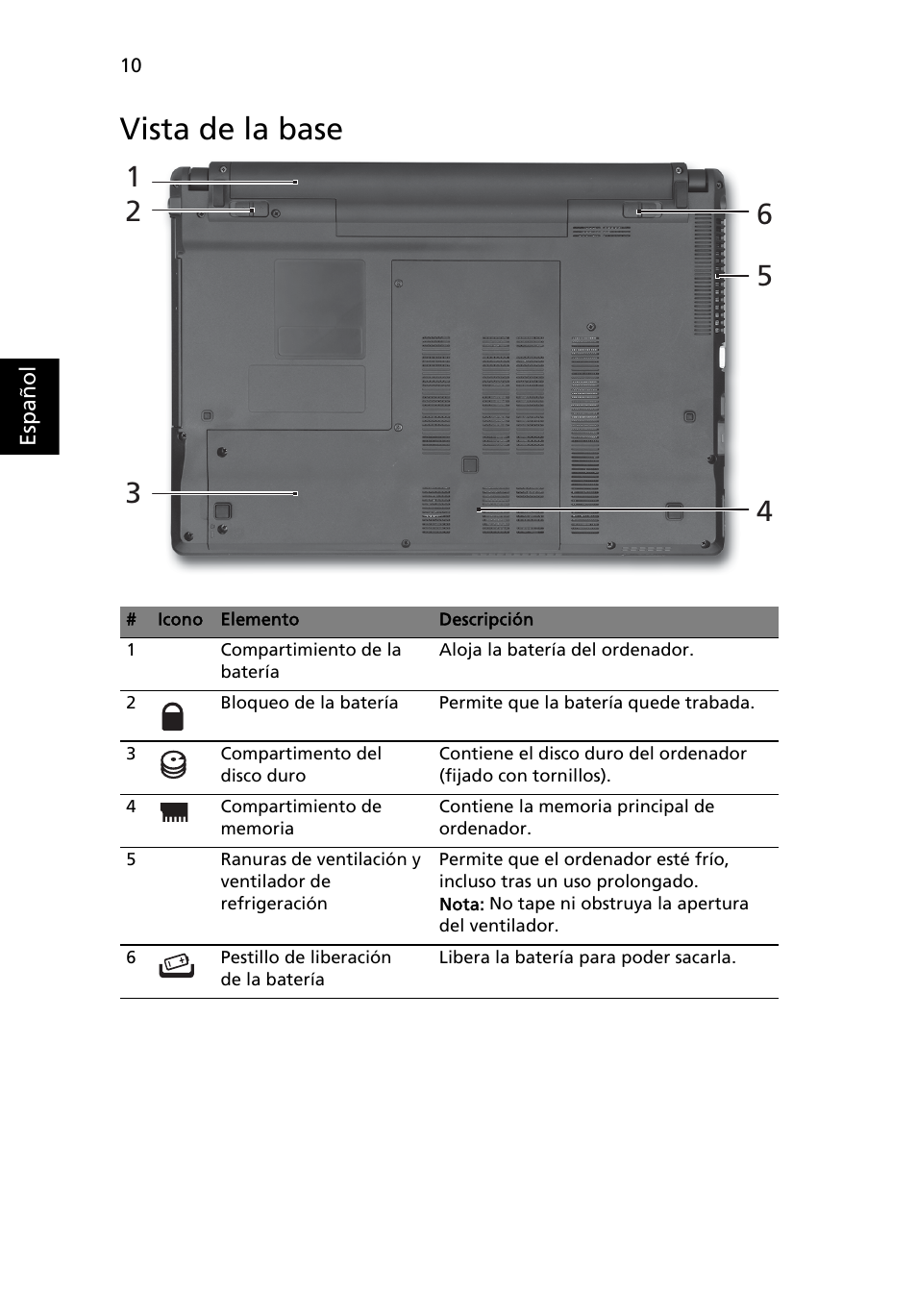 Vista de la base | Acer Aspire 4625G User Manual | Page 58 / 336