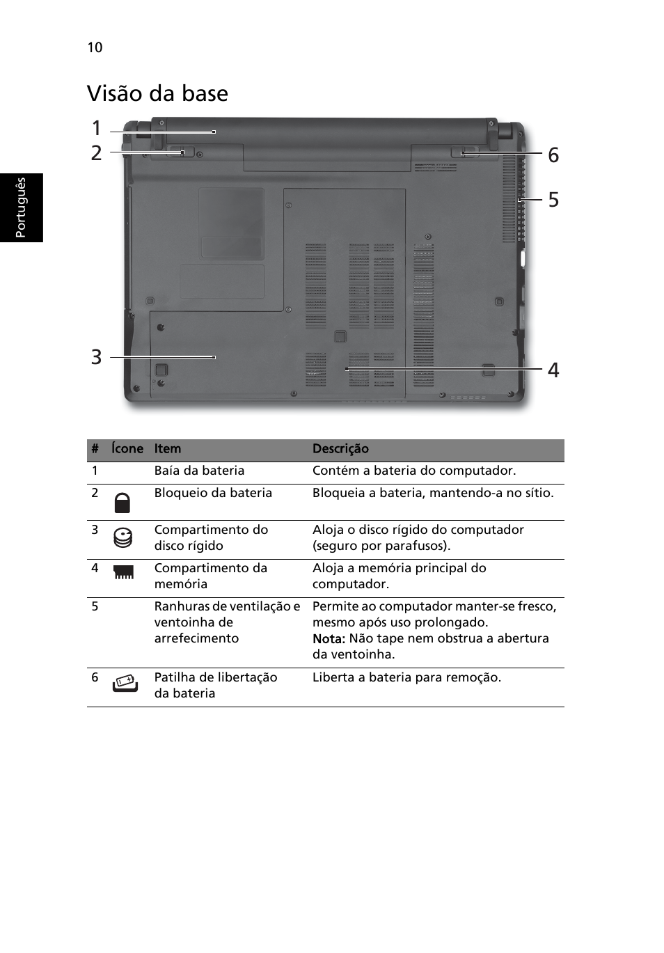 Visão da base | Acer Aspire 4625G User Manual | Page 72 / 336