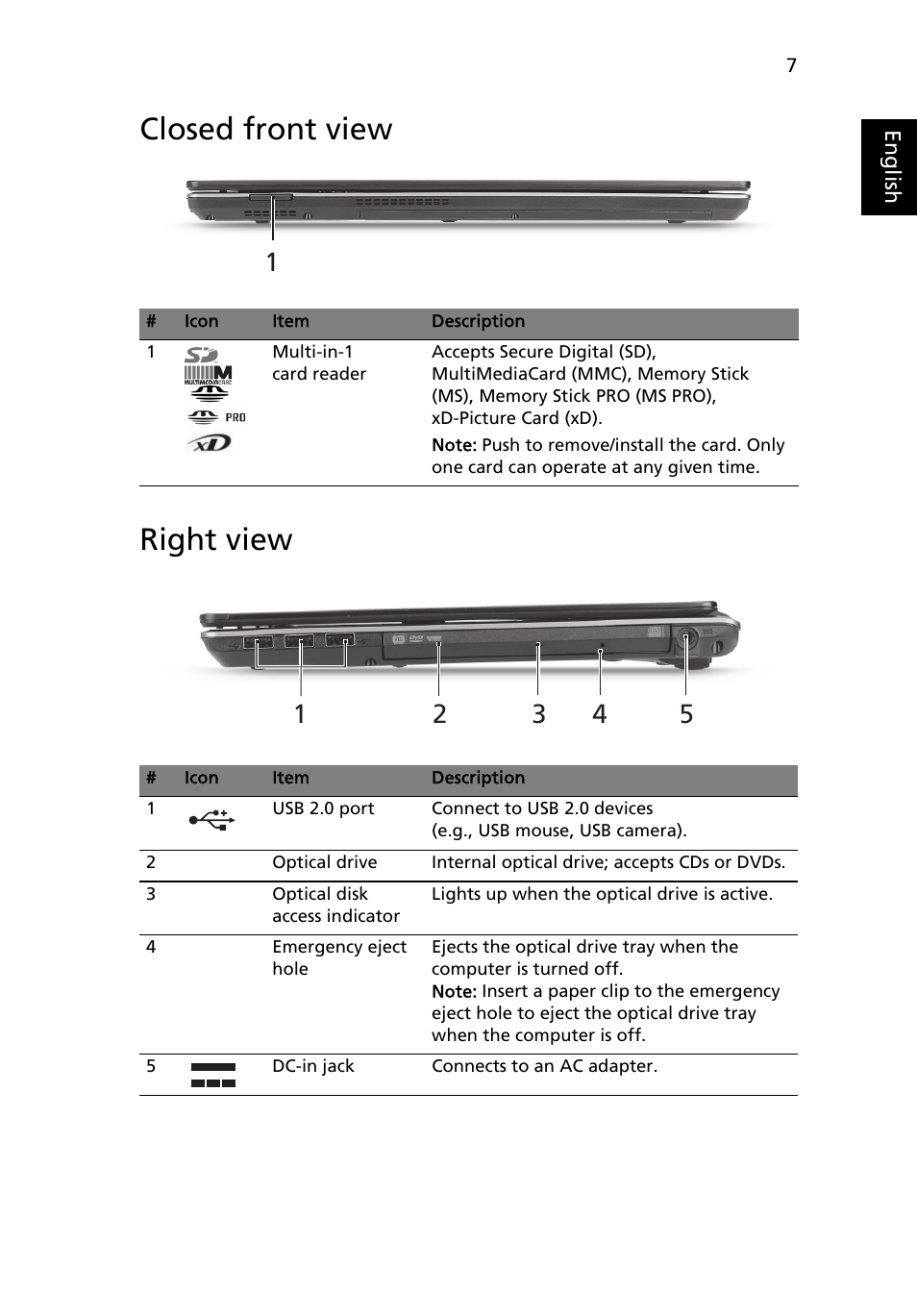 Closed front view, Right view, Closed front view right view | Acer Aspire 4625G User Manual | Page 9 / 336