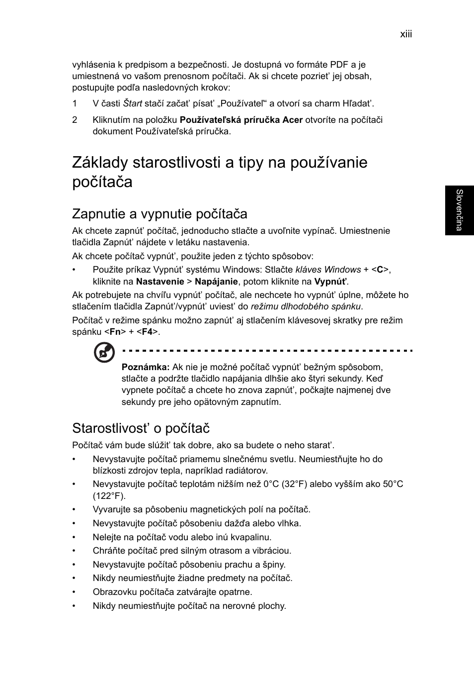 Zapnutie a vypnutie počítača, Starostlivost’ o počítač | Acer AO756 User Manual | Page 1007 / 1836