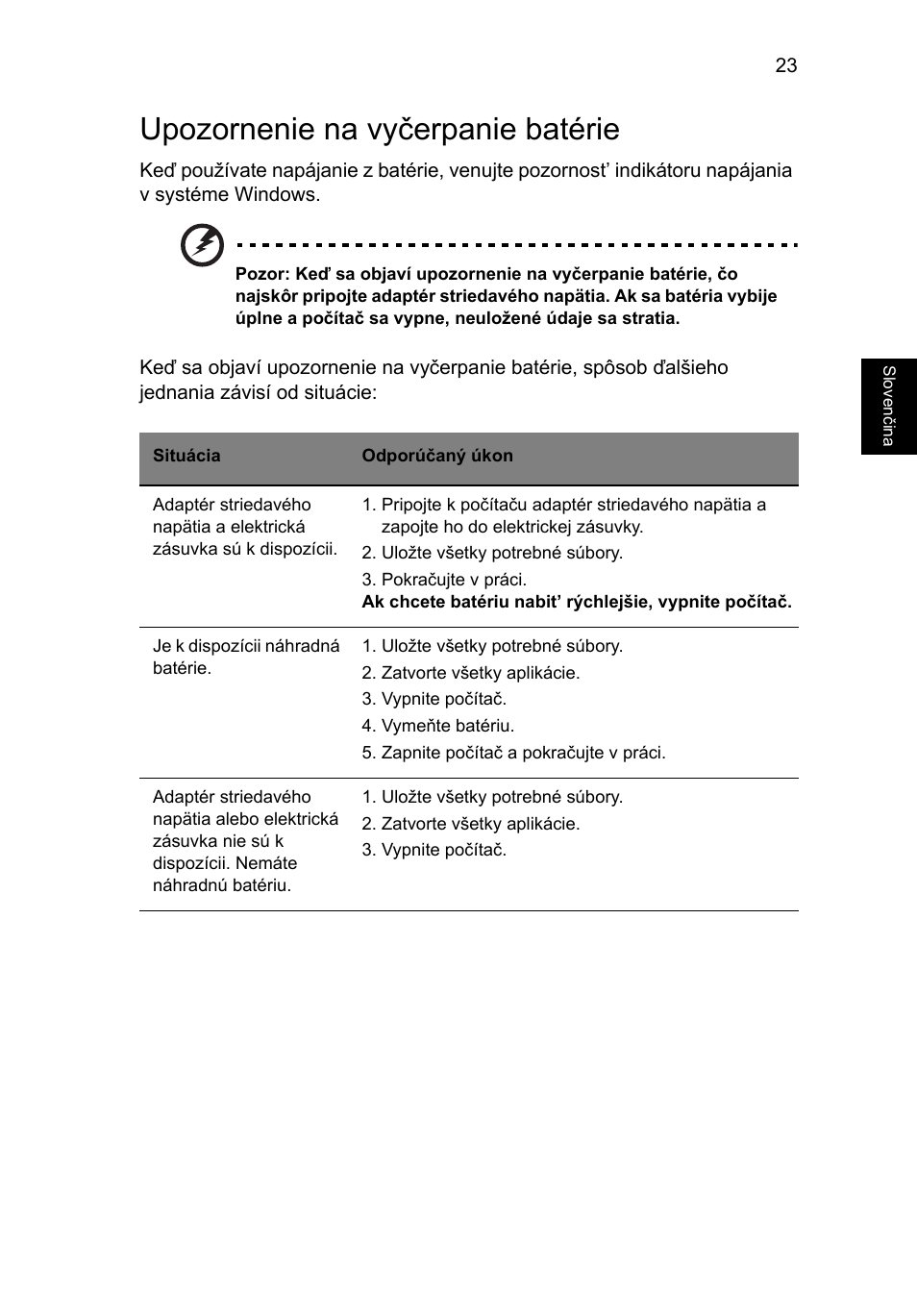 Upozornenie na vyčerpanie batérie | Acer AO756 User Manual | Page 1035 / 1836