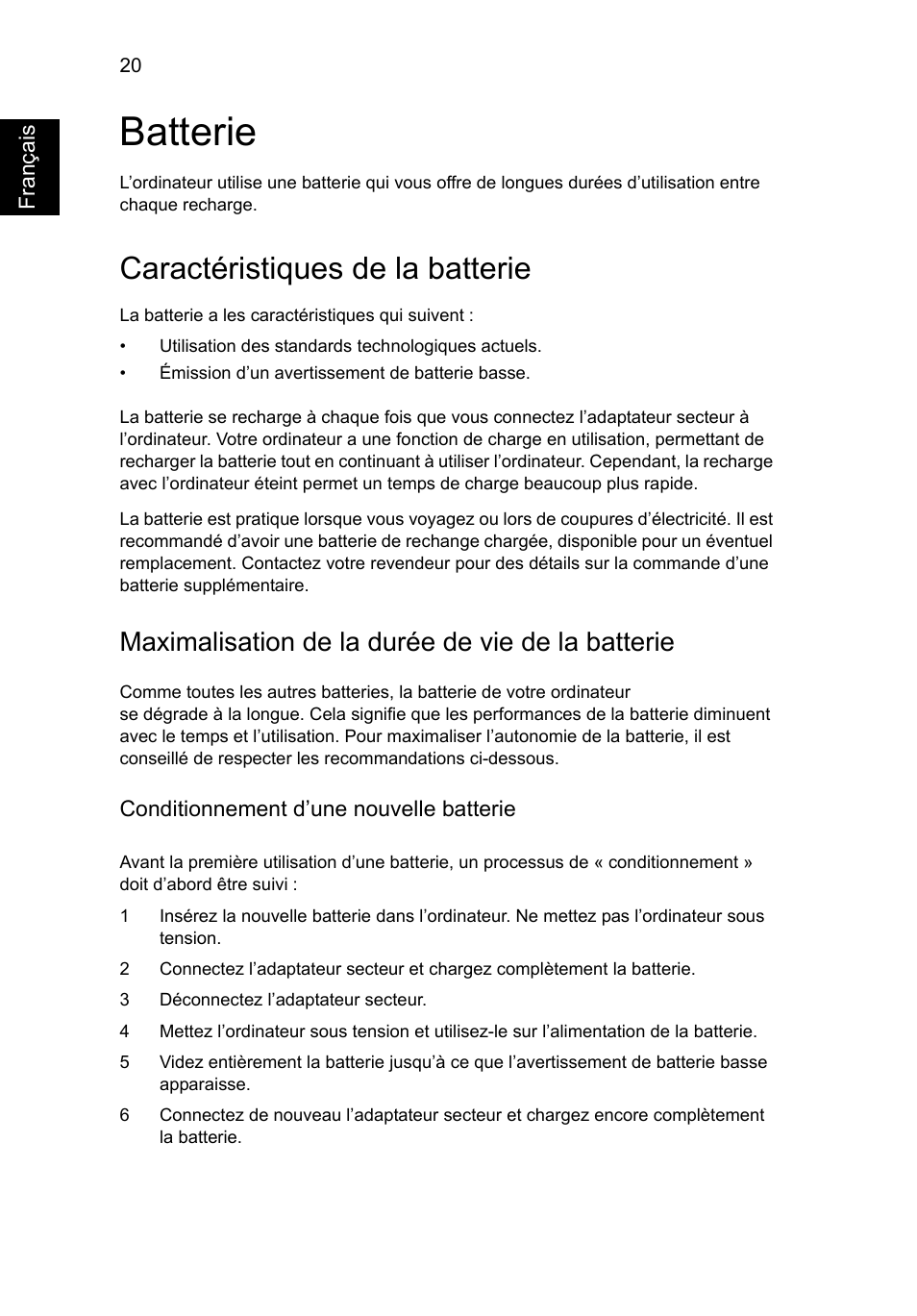 Batterie, Caractéristiques de la batterie, Maximalisation de la durée de vie de la batterie | Acer AO756 User Manual | Page 104 / 1836