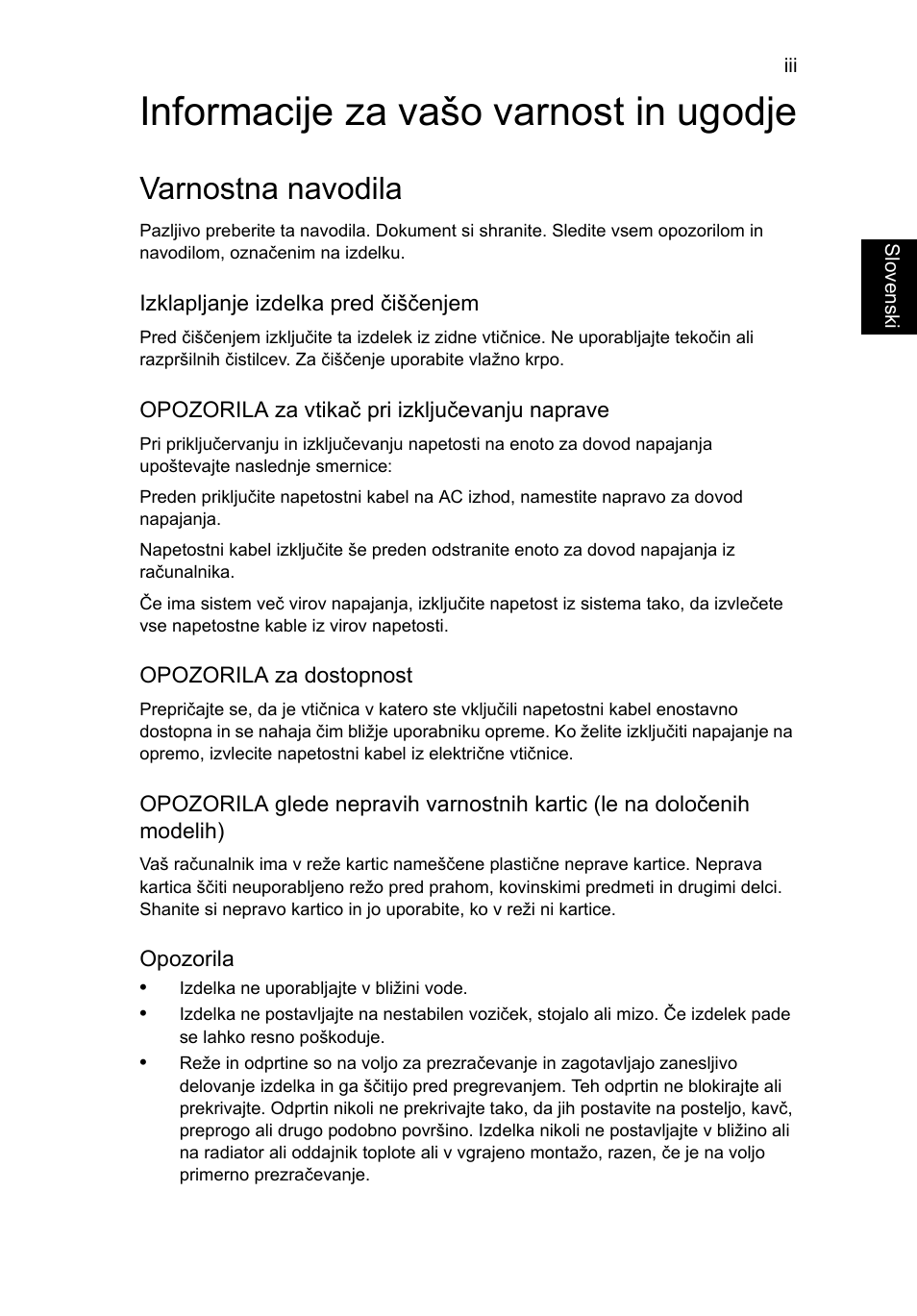 Informacije za vašo varnost in ugodje, Varnostna navodila | Acer AO756 User Manual | Page 1063 / 1836