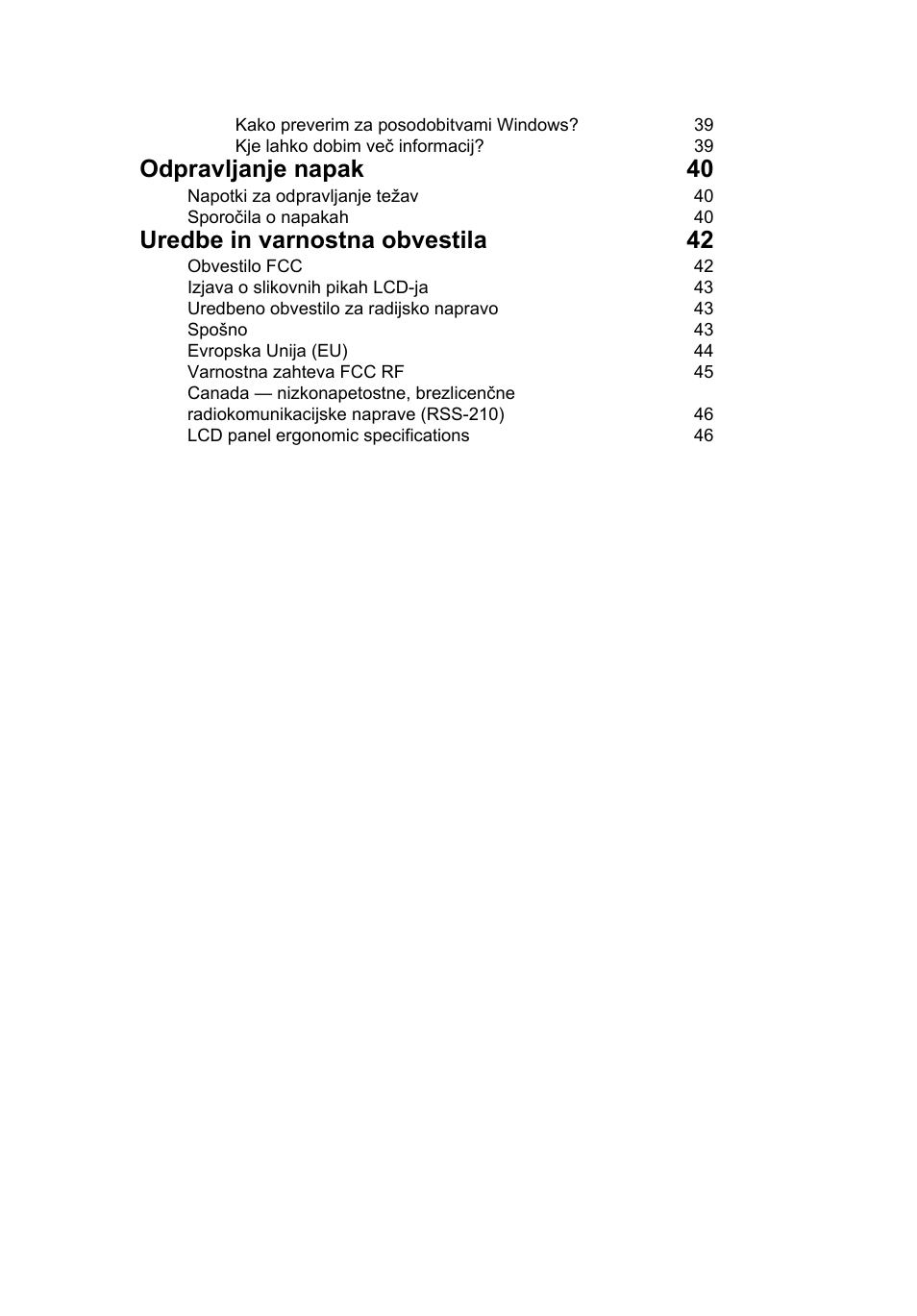 Odpravljanje napak 40, Uredbe in varnostna obvestila 42 | Acer AO756 User Manual | Page 1077 / 1836