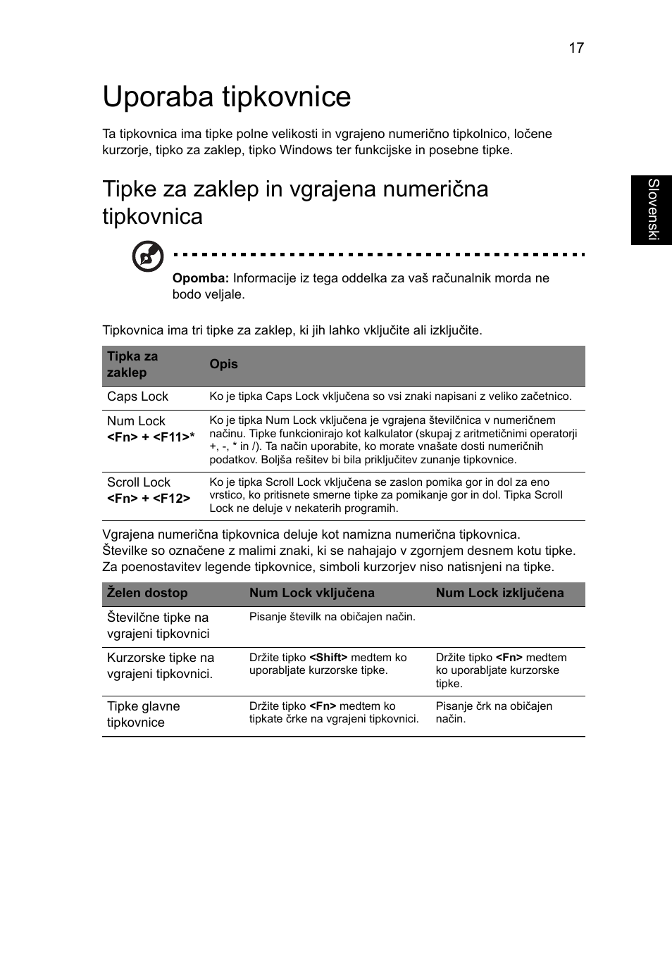 Uporaba tipkovnice, Tipke za zaklep in vgrajena numerična tipkovnica | Acer AO756 User Manual | Page 1095 / 1836