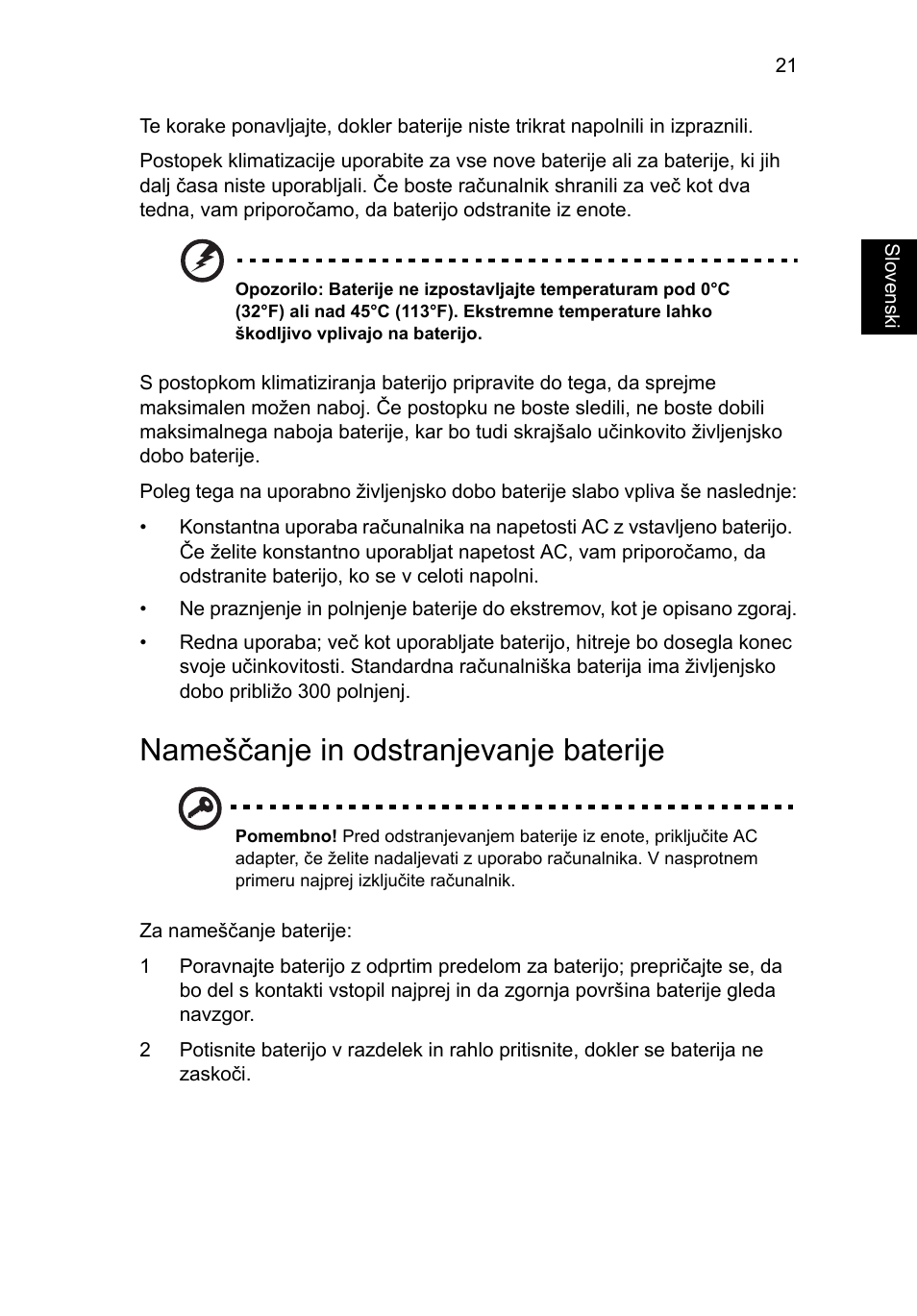 Nameščanje in odstranjevanje baterije | Acer AO756 User Manual | Page 1099 / 1836