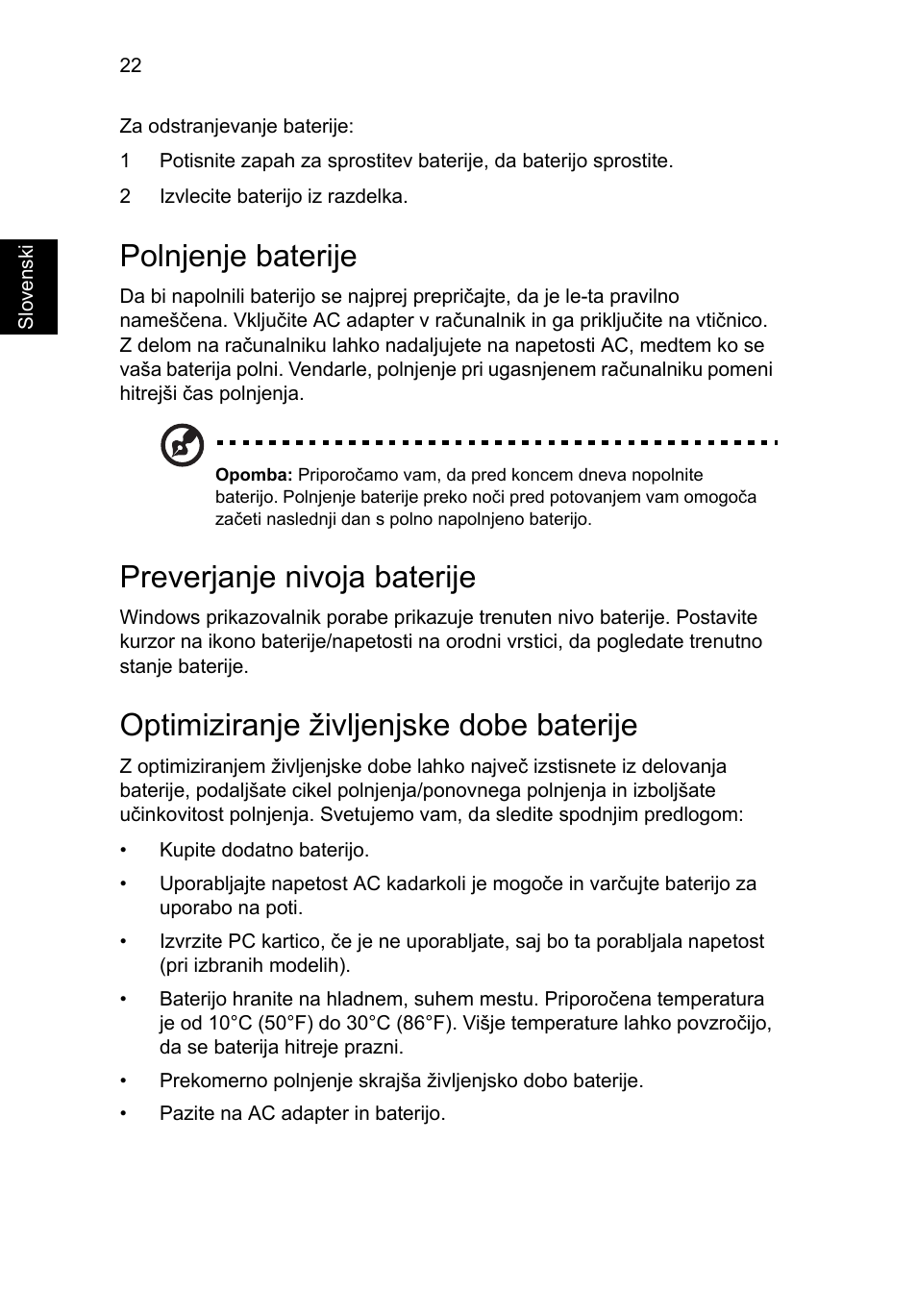 Polnjenje baterije, Preverjanje nivoja baterije, Optimiziranje življenjske dobe baterije | Acer AO756 User Manual | Page 1100 / 1836